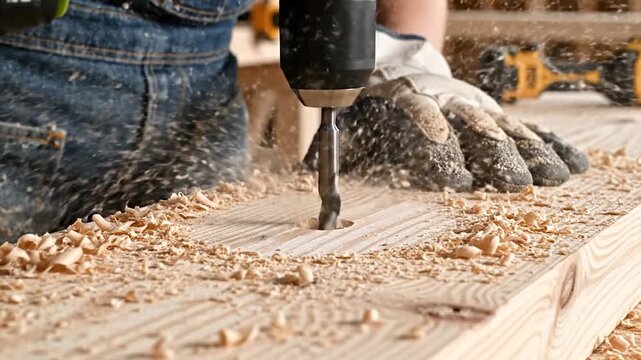 A close-up of a drill bit creating sawdust as it bores into a wooden plank