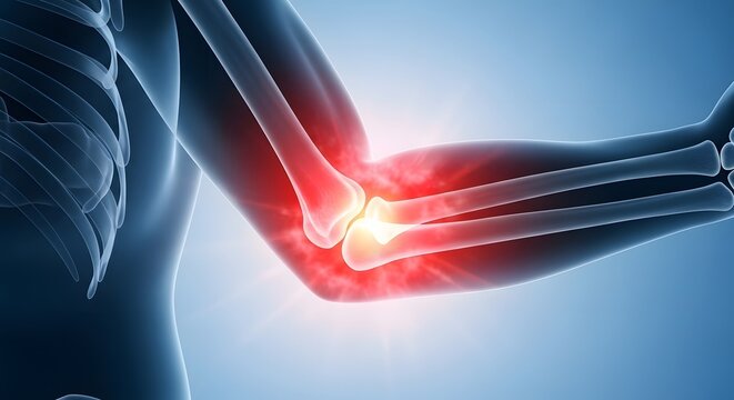 3D medical illustration of elbow joint inflammation. Orthopedic surgery and bone health concepts. Blue human skeleton arm showing glowing red pain points at the ulnar and radius bones