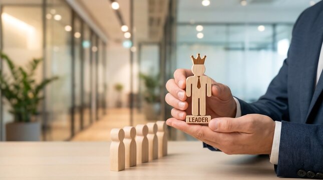Professional holding a crowned leader figurine, symbolizing distinguished leadership, success, and executive recognition within a team
