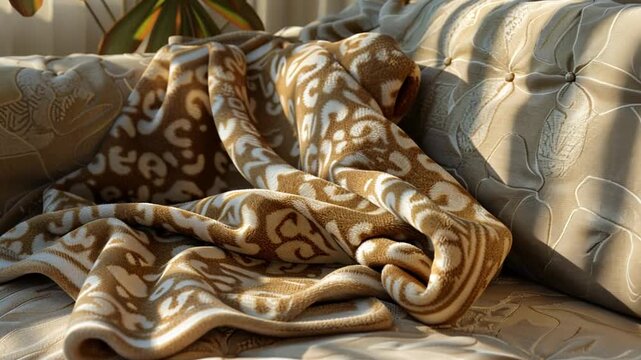 Soft brown blanket lies on a beige couch in a cozy living room setting