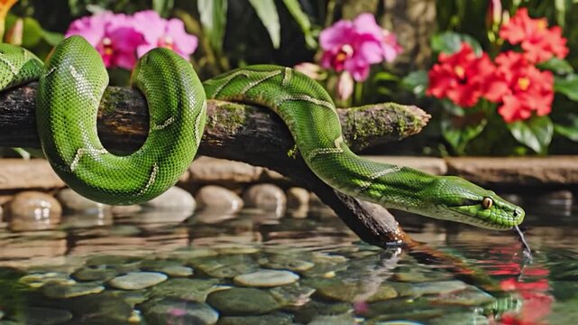 Vibrant green python coils on mossy branch above clear water, pink and red flowers bloom nearby