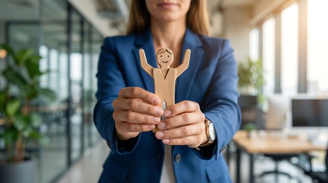 Business professional holding a joyful wooden figure, symbolizing employee empowerment and success in a modern office