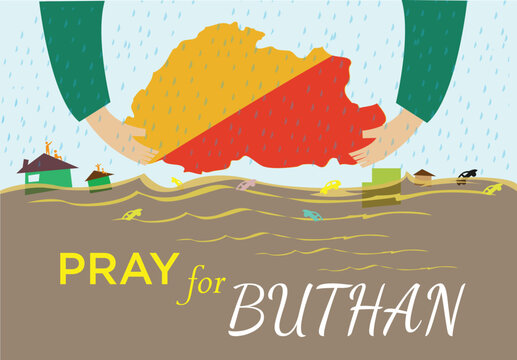 Flashflood or Landslide due to bad weather in Bhutan. Editable Clip Art.