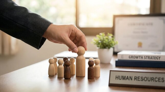 Human Resources Manager Picking the Best Candidate from a Group of Wooden Figures on a Desk