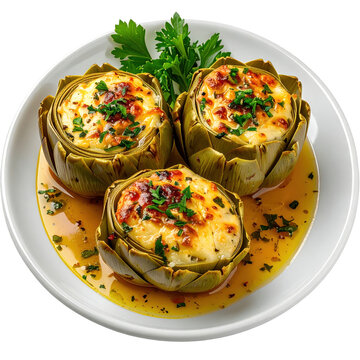 A gourmet presentation of etli enginar, artichoke hearts filled with a rich meat, rice, and pine nut stuffing, isolated on a white background