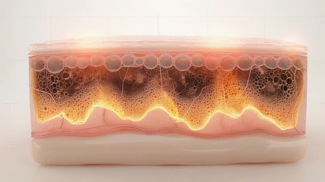 Detailed cross-section of human skin showing layers, dark impurities, and glowing energy or treatment effect with bubbles.