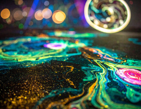 Cosmic abstract paint swirls with bokeh light and glitter, creative artistic background 