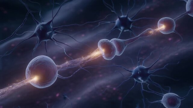 Close-up view of a neural network with active synapses transmitting electrical signals in the brain.