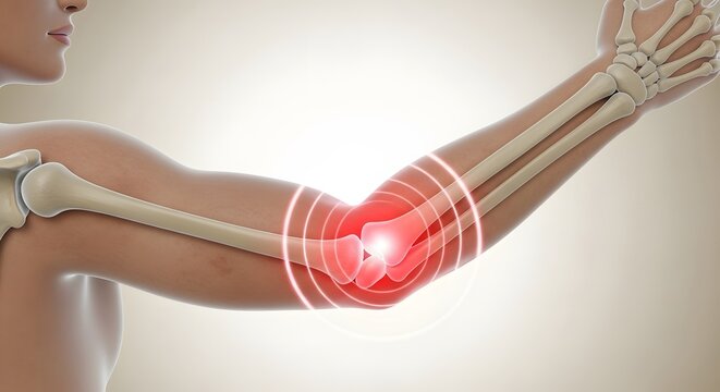 Human elbow bone dislocation and fracture visualization. Emergency medicine and radiology. 3D render of skeletal arm with glowing red pain at the joint
