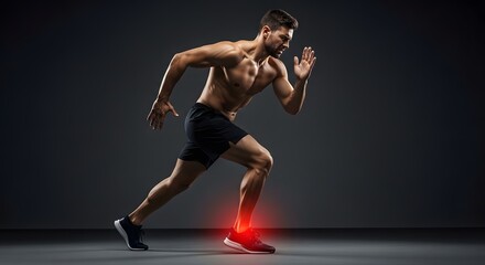 Muscular runner with achilles tendonitis and ankle pain. Sports rehabilitation and podiatry care. Shirtless athlete sprinting with highlighted red pain zone on his lower leg