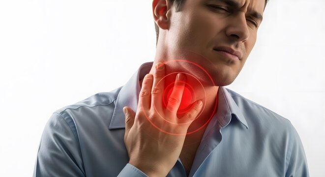 Man with painful swallowing and thyroid inflammation. Global health and telemedicine concept. Person in blue shirt touching neck with red pain signal