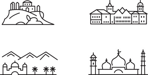Fototapeta premium Abstract historical landmarks and city silhouettes outline icons set for architectural designs