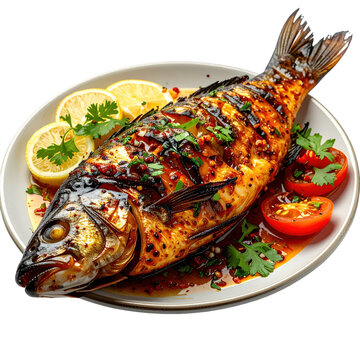 Flavorful gulf samak mashwi, a charcoal-grilled whole fish marinated with regional spices, served on a dark plate for a festive meal