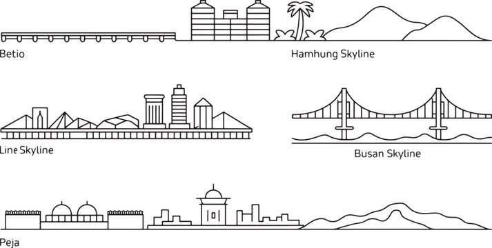 Asian and african city skylines in minimalist linear style including betio peja and hamhung set
