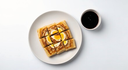 Delicious breakfast dish with egg on toast and coffee