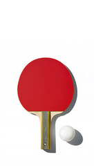 Minimalist Top Down View of Red Table Tennis Racket and White Ball Isolated on White Background