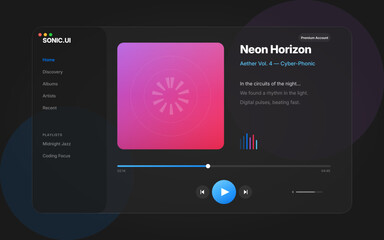Sleek digital music application interface featuring glass morphism elements, neon gradient accents, playback controls, and playlist management for a futuristic audio streaming experience.