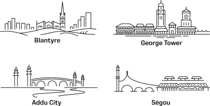 Blantyre george tower addu city segou skyline collection minimal line style vector illustration