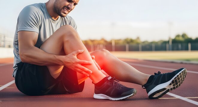 Male runner experiencing sudden leg cramp and muscle pain on track. Sports trauma and emergency first aid. Man sitting on ground clutching painful shin with distressed expression