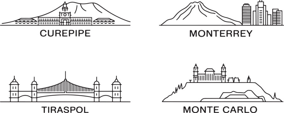 Curepipe, Monterrey, Tiraspol, Monte Carlo vector city skyline set, travel destinations outline icons