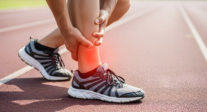Sudden ankle injury and tendonitis during competitive running. Physical therapy and sports medicine needs. Runner bending over to hold swollen ankle joint on outdoor stadium track