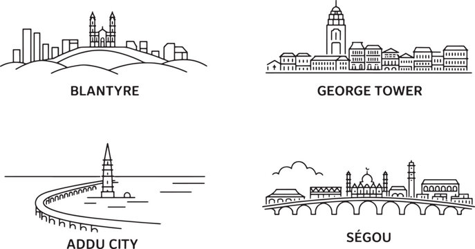 International skyline icons blantyre george tower addu city segou linear vector design elements