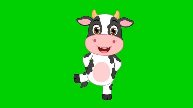 Cute cartoon cow character dancing on a green background.  Funny comical calf illustration with happy expression. Cheerful farm animal dancing.