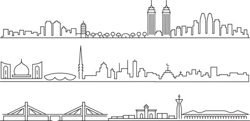 Obraz premium Set of international city line drawings showcasing mosques bridges modern towers and landscape views