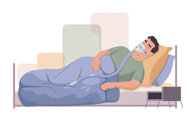 Man resting on hospital bed with oxygen mask in a calm hospital room environment from a side viewpoint