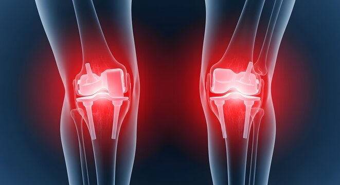 Total knee replacement surgery and prosthetic joint implants. Orthopedic medicine and anatomy. X-ray view of human legs with artificial knee hardware and inflammation glow