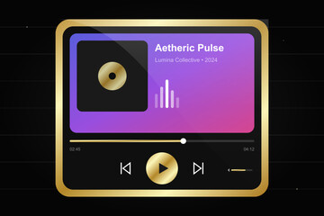 A sleek dark mode audio interface featuring a gradient display, golden accents, sound equalizer, and modern multimedia player controls for digital music apps.