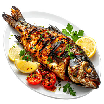 Juicy khaleeji style grilled whole fish, seasoned with cumin and paprika, arranged on a dark platter with fresh lemon wedges