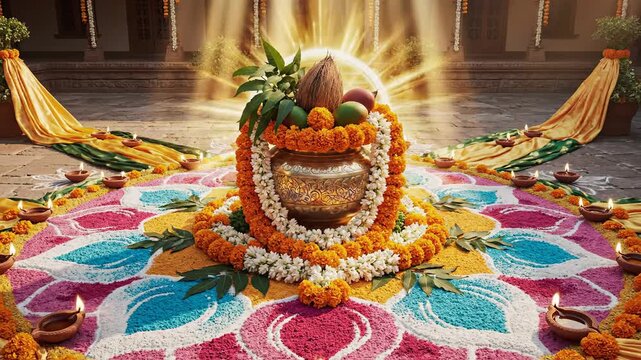 The sacred kalash pot, illuminated by warm golden light, sits on a colorful rangoli celebrating gudi padwa.