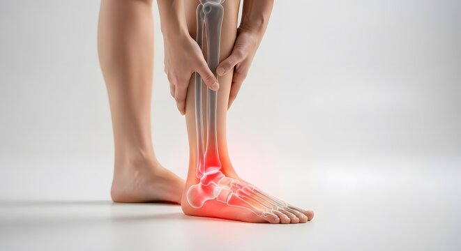 Human ankle joint anatomy and bone inflammation. Orthopedic health and medical diagnosis. Person holding injured leg with red pain glow effect on white background