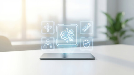 Automation Workflow Integration Security Digital Transformation Business Software Technology featuring a holographic interface for advanced corporate process management systems.