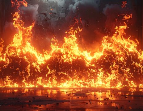 Fiery wall of flames reflecting on a smooth surface