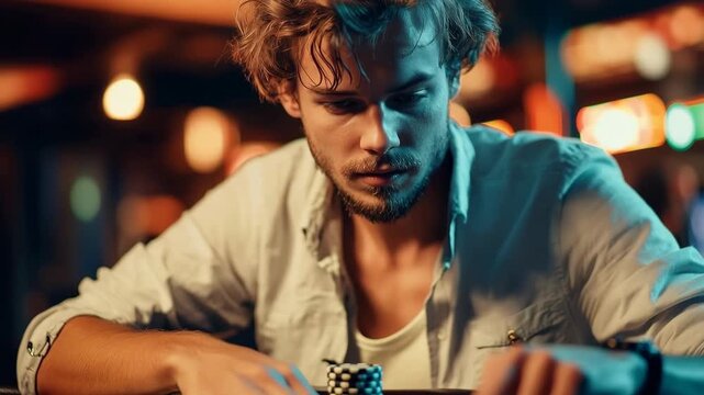 Intense Man Playing Poker in Casino