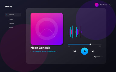 A sleek, futuristic music player dashboard featuring neon purple glass morphism UI elements, playback controls, and sound visualization for modern streaming app design.