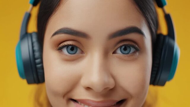 Close-up of a young woman with vibrant blue eyes smiling while wearing turquoise headphones on a yellow background.