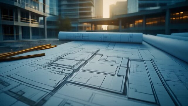 Detailed architectural blueprints and construction plans on a site with modern city buildings at sunrise
