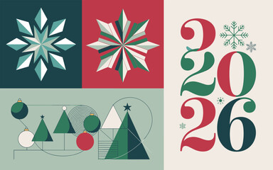 Obraz premium A festive collage featuring snowflakes, Christmas trees, and ornaments in various shades of green and red, with the year 2026 displayed prominently.