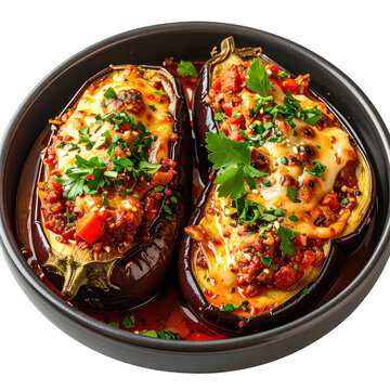 Savory makdous, a tangy and spicy preserved eggplant appetizer from the middle east, isolated on white background for presentation