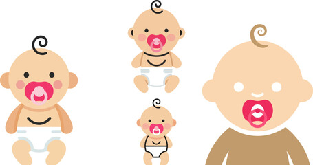 Naklejka premium Adorable collection of cartoon babies wearing pacifiers showing different sizes and stages of infancy development clearly isolated on a black background for easy use.