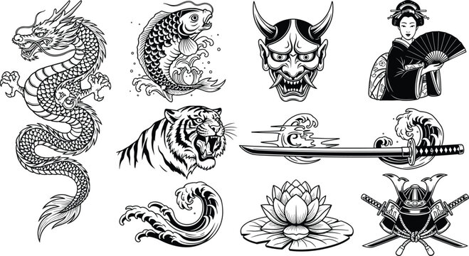 Japanese traditional tattoo icons set with dragon koi fish samurai mask geisha katana lotus tiger wave black white line art vector