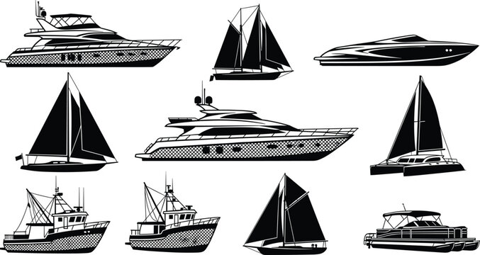 Luxury boats and yachts silhouette collection featuring sailboats, motor yachts, fishing vessels, speedboats, and catamarans in bold black vector illustration style