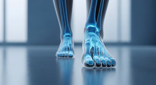 Human foot bone structure and ankle joint anatomy. Orthopedic medical research and podiatry. 3D skeletal model of feet walking towards the camera in a modern clinical setting