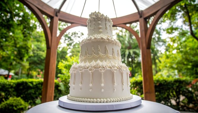 Three-tiered white frosted cake on a table in an outdoor gazebo