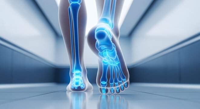 Posterior view of foot skeleton and ankle joint. Physical therapy and orthopedic recovery. Human walking away with blue highlighted bones and skeletal structure