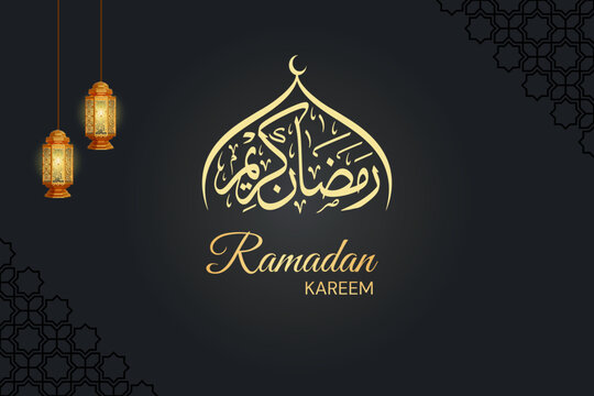 Ramadan Kareem Islamic calligraphy with lanterns on dark background. Muslim greeting card template design with gold Arabic typography, crescent moon, and copy space for Ramadan and Eid celebrations