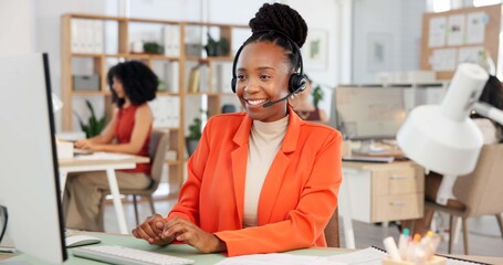 Happy woman, consultant and customer service with headset in call center office for online advice....